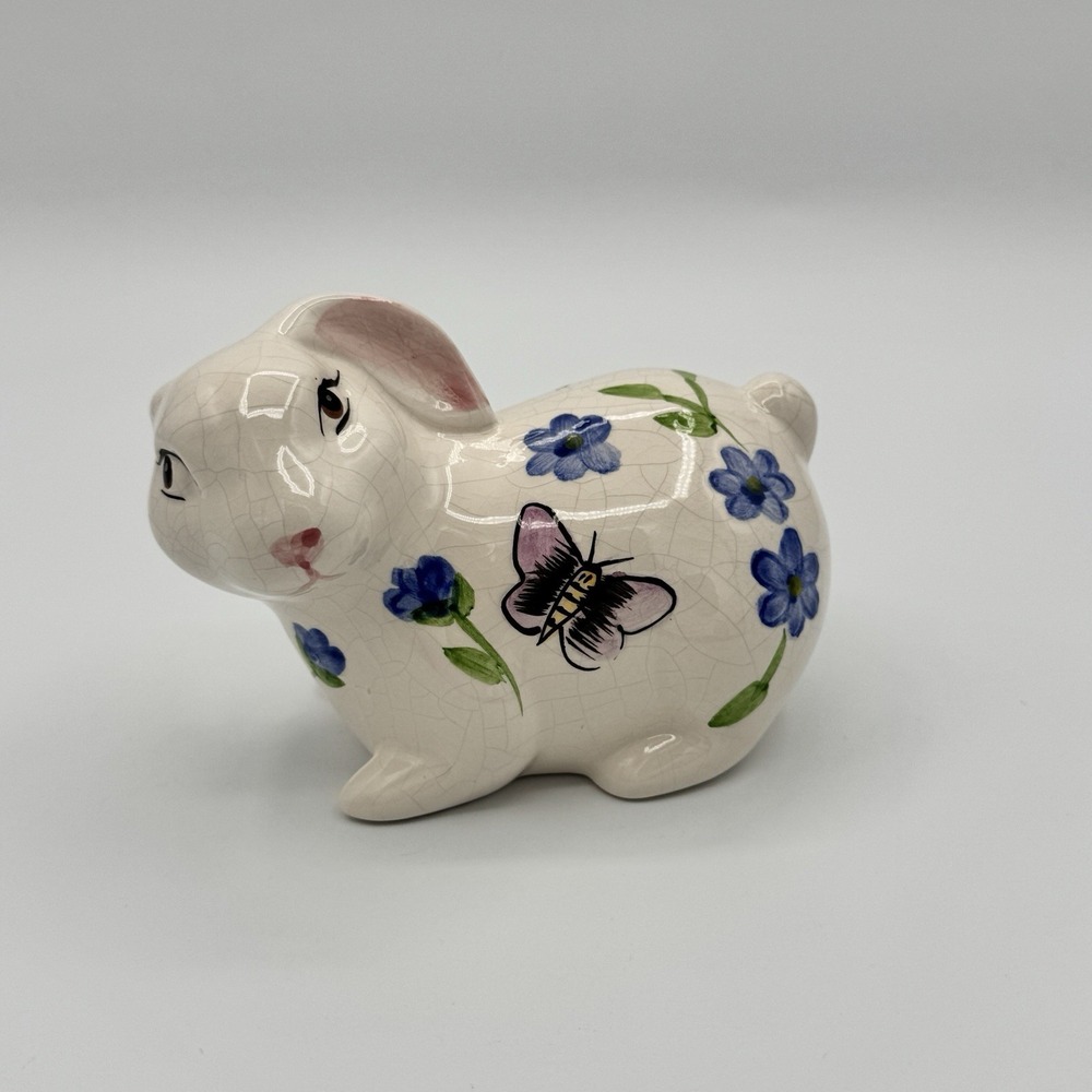 Vintage Crackle Glaze Bunny Rabbit Figurine Floral Butterfly Cottagecore